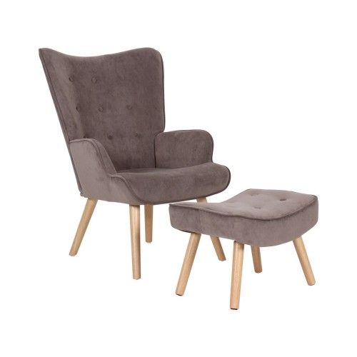 ALMA Πολυθρόνα - Μπερζέρα με Σκαμπό - Υποπόδιο Φυσικό Ύφασμα Velure Καφέ, K/D 69x76x97cm / 52x38x35cm