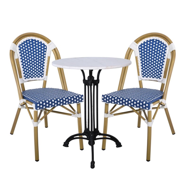 PARIS Καρέκλα Bistro Αλουμίνιο Φυσικό, Wicker Άσπρο - Μπλε, Στοιβαζόμενη 46x54x88cm