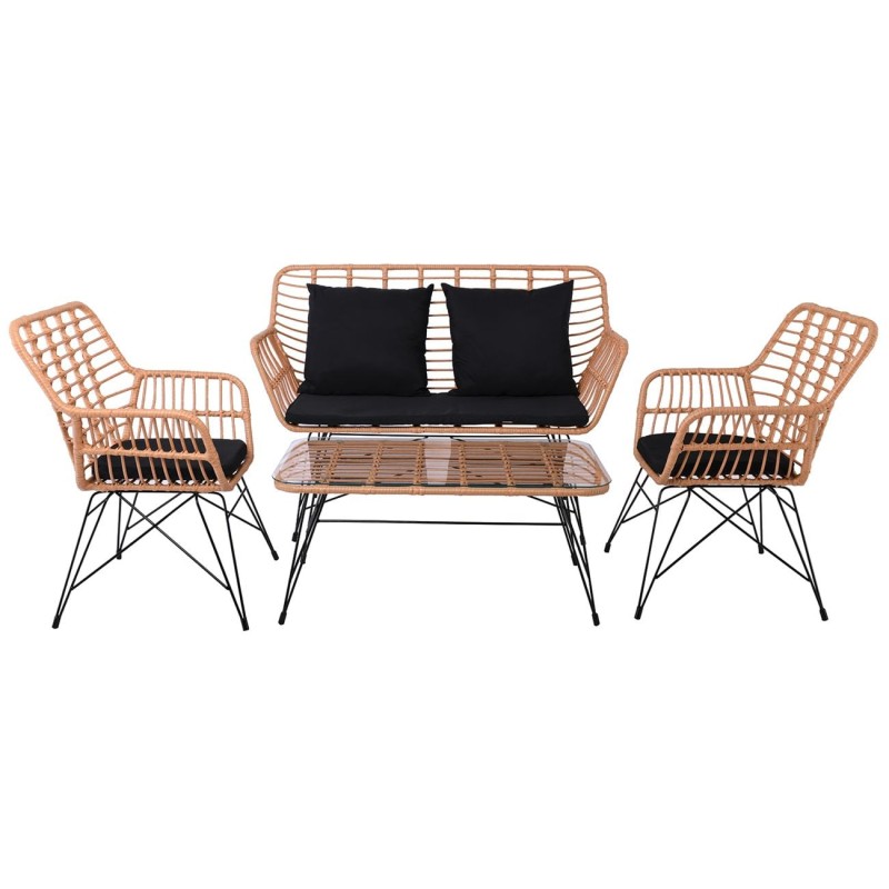 SALSA MAX Living Set Κήπου 4 τεμαχίων, Μέταλλο Βαφή Μαύρο, Wicker Φυσικό, Μαξιλάρια Μαύρο 106x55x45-147x70x105-65x67x96
