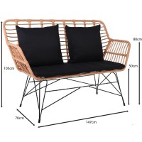 SALSA MAX Living Καναπές Κήπου 2Θέσιος, Μέταλλο Βαφή Μαύρο, Wicker Φυσικό, Μαξιλάρια Μαύρο 147x70x105cm