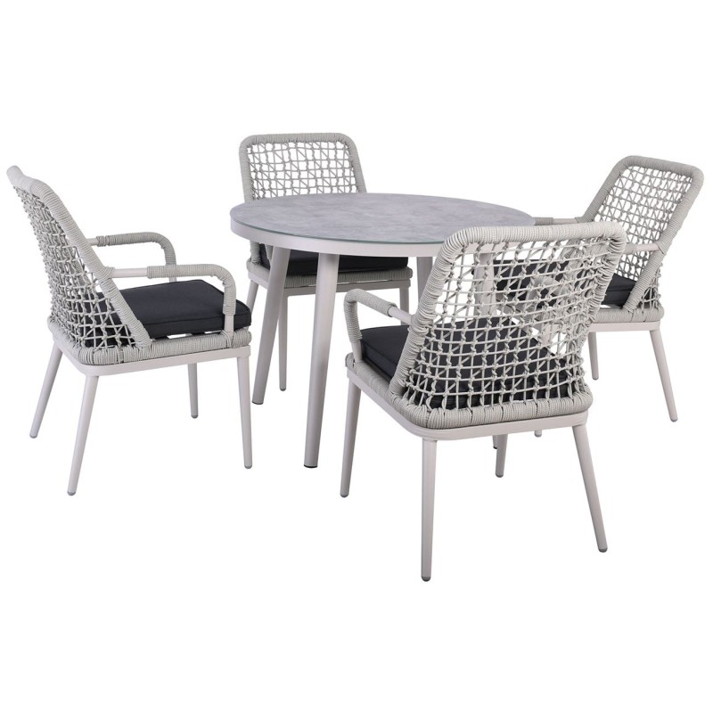 CENTRAL Set Τραπεζαρία Κήπου ALU & Rope Grey-Μαξιλ.Ανθρακί: Τραπέζι Φ100cm + 4 Πολυθρόνες Table:Φ100x75 Chair:61x65x90cm