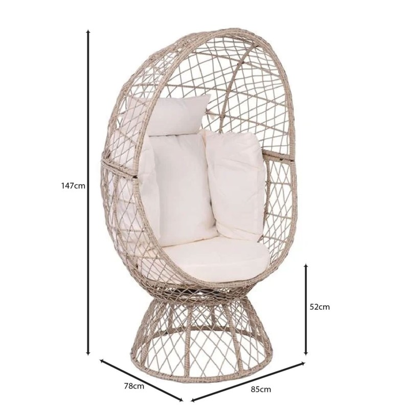 CROWN Πολυθρόνα Egg, Wicker Μπεζ, Μαξιλάρι Άσπρο 85x78x147cm