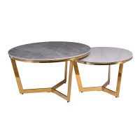 OTTO Set 2 Τραπεζάκια Σαλονιού , Χρώμιο Χρυσό, Sintered Stone Grey-White Marble Φ.80 H.45cm + Φ.60 H.38cm