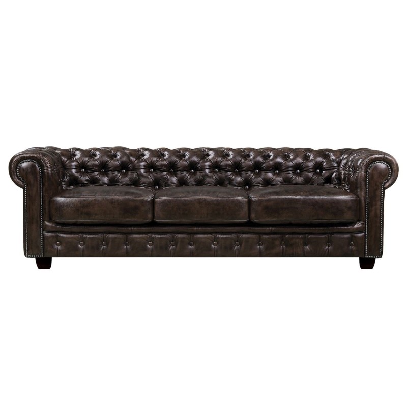 CHESTERFIELD Birmingham Καναπές 4Θέσιος Σαλονιού Καθιστικού, Δέρμα Καφέ 241x92x74cm