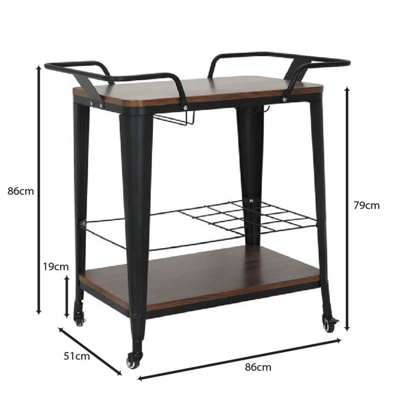RELIX Trolley Bar-Pro Μέταλλο Βαφή Μαύρο, MDF Απόχρωση Καρυδί 86x51x86cm