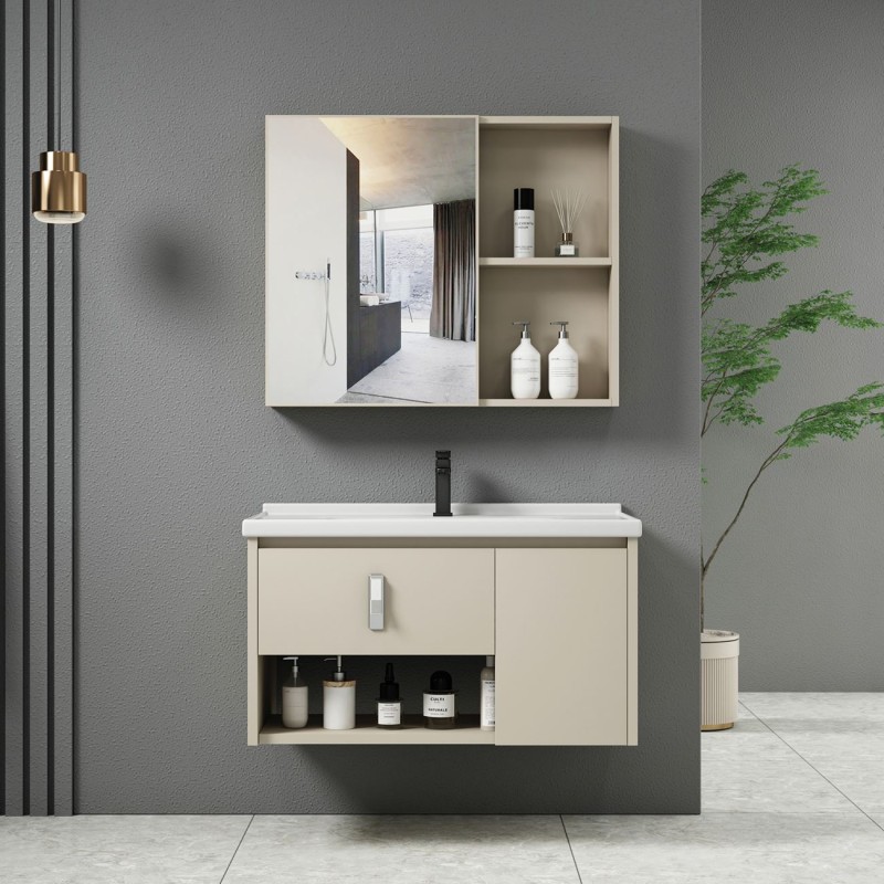 IDEA-2 Set Έπιπλο Μπάνιου Cream, Καθρέπτης + Πάγκος με Νιπτήρα και Μπαταρία Up:55x11x60cm Down:60x47x45cm