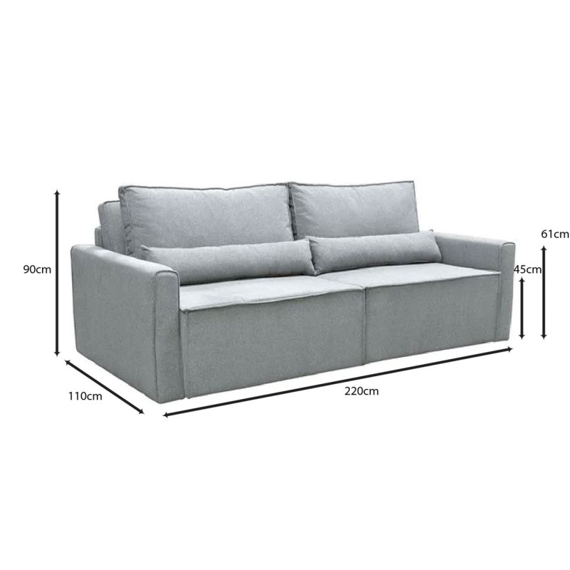 LIDRA Καναπές – Κρεβάτι 3Θέσιος, Ύφασμα Γκρι Sofa:220x110x90 Bed:137x196cm
