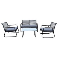 ROCCO Set Σαλόνι Κήπου 4τεμ, Μέταλλο Μαύρο,RopeWicker Γκρι, Μαξιλ.Σκούρο Γκρι, Γυαλί Μαύρο 2 Πολυθρ+1 Καναπ+1 Τραπεζάκι