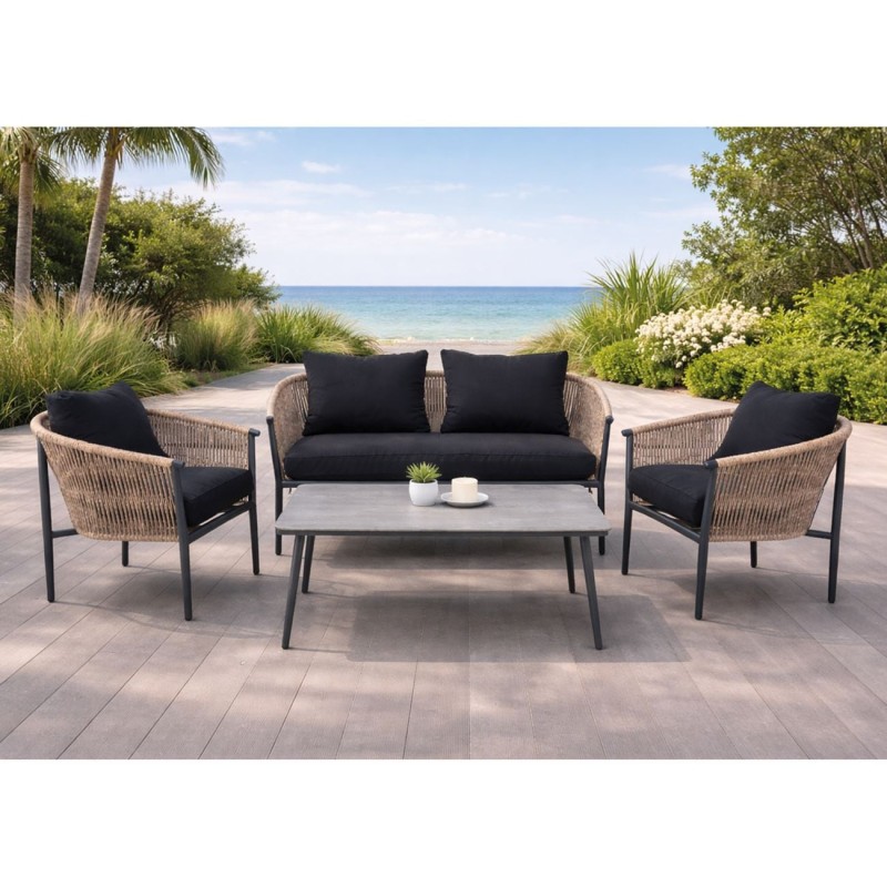 GASBA Set Σαλόνι Κήπου 4τεμ, Alu Ανθρακί, Rope Wicker Φυσικό, Μαξιλάρια Σκούρο Γκρι 2 Πολυθρ+1 Καναπ+1 Τραπεζάκι