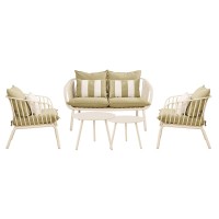 ASTRID Set Σαλόνι Κήπου 5τεμ, PP & Μέταλλο Cream, Μαξιλάρια Sandy Green 2 Πολυθρ+1 Καναπ+2 Τραπεζάκια