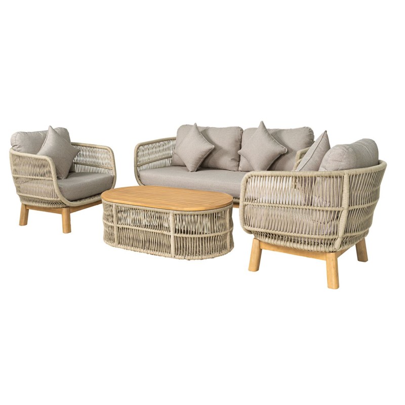 MARK Set Σαλόνι Κήπου 4τεμ, Acacia Φυσικό, Μαξιλάρια Μπεζ Rope Wicker Μπεζ 2 Πολυθρόνες+Καναπές+Τραπεζάκι