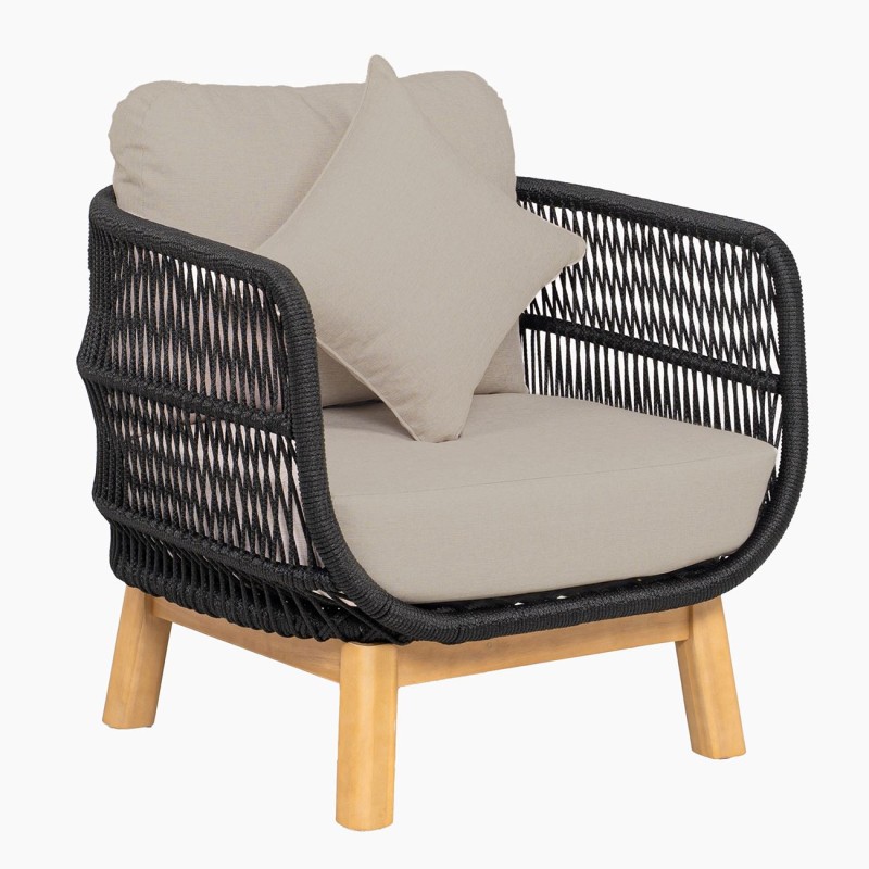 MARK Set Σαλόνι Κήπου 4 τεμαχίων Acacia Φυσικό, Rope Wicker Μαύρο, Μαξιλάρια Μπεζ 2 Πολυθρόνες+Καναπές+Τραπεζάκι