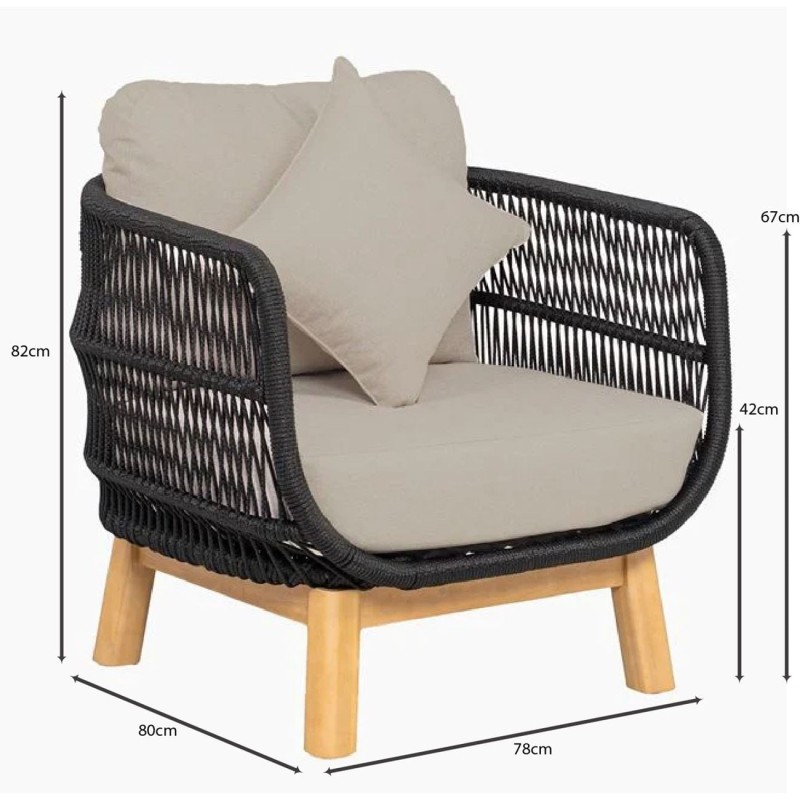 MARK Set Σαλόνι Κήπου 4 τεμαχίων Acacia Φυσικό, Rope Wicker Μαύρο, Μαξιλάρια Μπεζ 2 Πολυθρόνες+Καναπές+Τραπεζάκι
