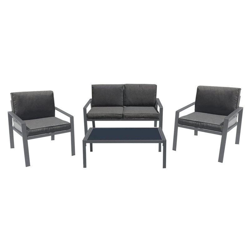 RIVIAN Set Σαλόνι Κήπου 4τεμ, Μέταλλο Βαφή Ανθρακί, Μαξιλάρια Γκρι 90x50x35/120x79x73/65x79x73 cm