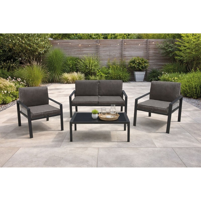 RIVIAN Set Σαλόνι Κήπου 4τεμ, Μέταλλο Βαφή Ανθρακί, Μαξιλάρια Γκρι 90x50x35/120x79x73/65x79x73 cm