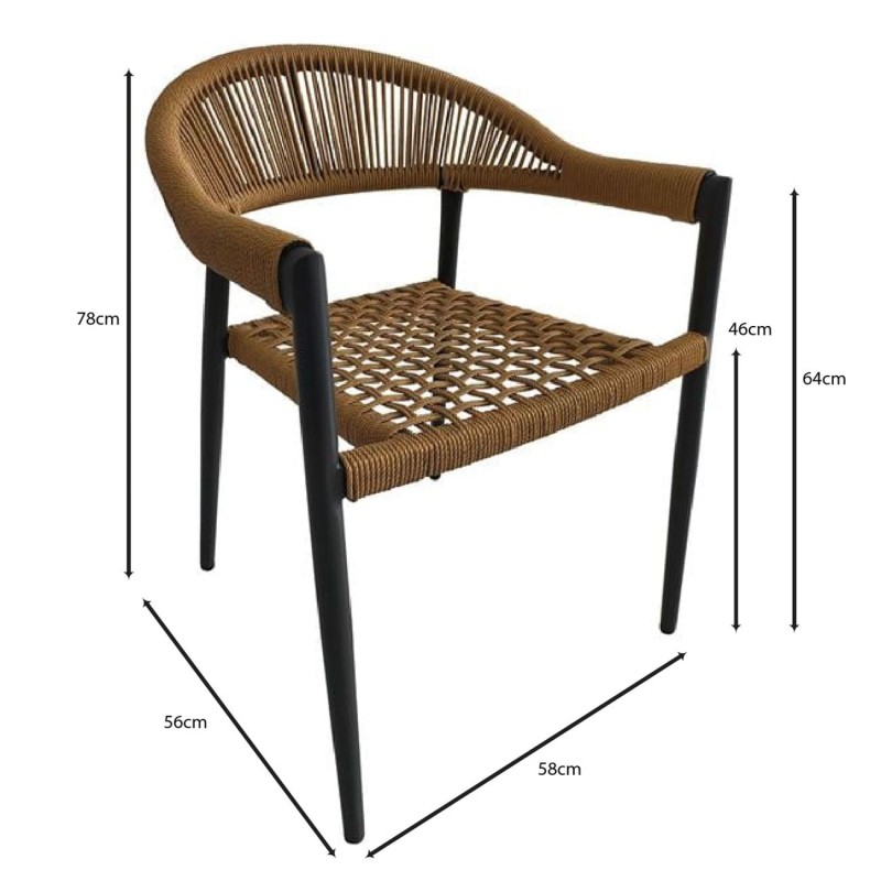 MADISON Πολυθρόνα Βεράντας- Κήπου, ALU Ανθρακί, Rope Wicker Φυσικό, Στοιβαζόμενη 58x56x78cm