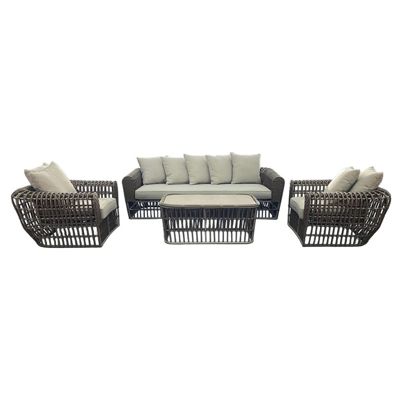 LOPEZ Set Σαλόνι Κήπου: 3θέσ +2 Πολυθρόνες+1 Τραπεζάκι, Μέταλλο-Wicker Καφέ,Μαξιλ.Μπεζ 223x94x63-94x94x63-114x64x43cm