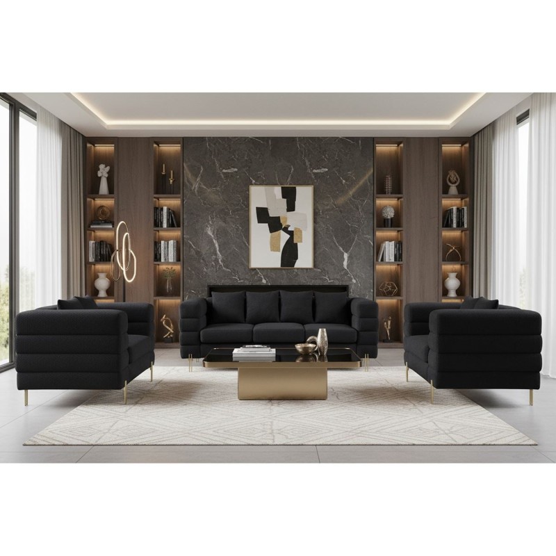 MORRIS Set Σαλόνι - Καθιστικό 3θέσιος + 2θέσιος + Πολυθρόνα Ύφασμα Teddy Μαύρο Set: 3Seater+2Seater+1Seater