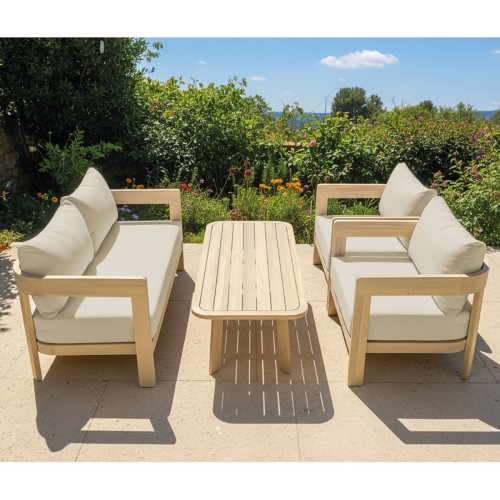 FLORIDA Living Set Σαλόνι Καθιστικό Κήπου-Βεράντας (4τ), Acacia, Μαξιλάρια Μπεζ 146x70x76-76x70x76-130x60x41cm