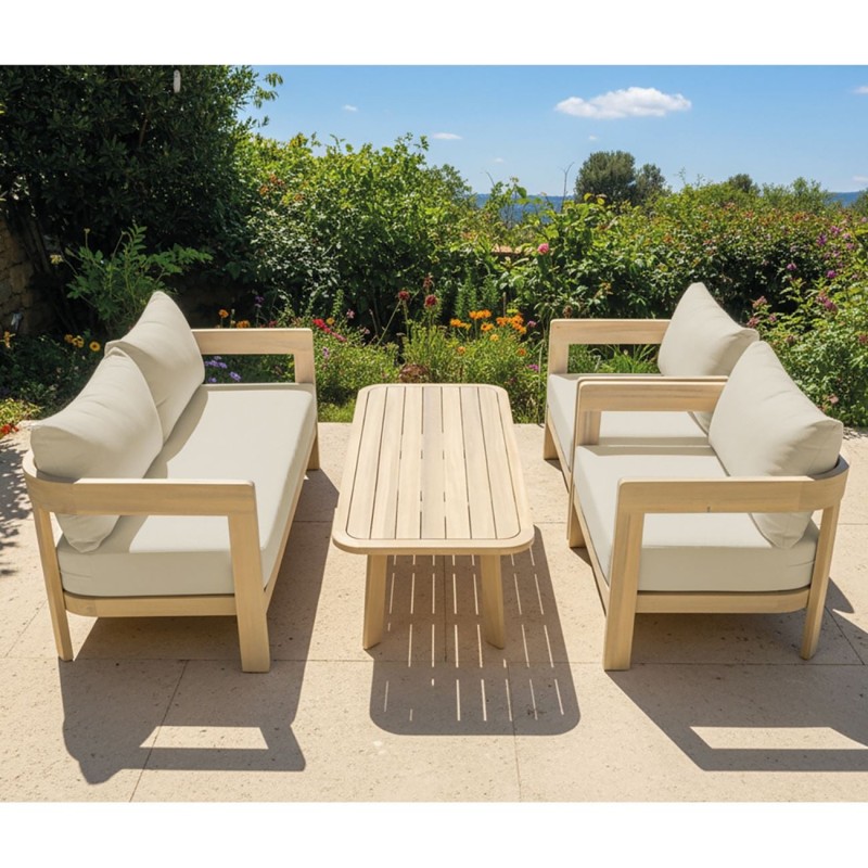FLORIDA Living Set Σαλόνι Καθιστικό Κήπου-Βεράντας (4τ), Acacia, Μαξιλάρια Μπεζ 146x70x76-76x70x76-130x60x41cm