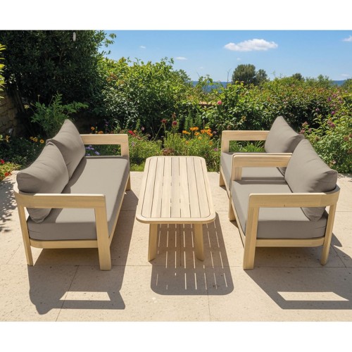 FLORIDA Living Set Σαλόνι Καθιστικό Κήπου-Βεράντας (4τ), Acacia, Μαξιλάρια Cappuccino 146x70x76-76x70x76-130x60x41cm