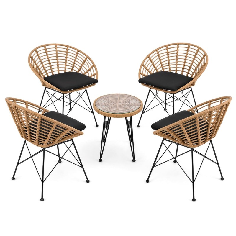 SALSA Coral Coffee Set Κήπου Μέταλλο Μαύρο - Γυαλί - Wicker Φυσικό: Τραπεζάκι+4 Πολυθρόνες TableΦ50x44 Armchair72x62x81cm
