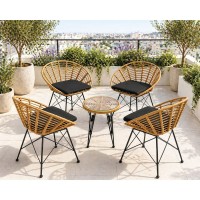 SALSA Coral Coffee Set Κήπου Μέταλλο Μαύρο - Γυαλί - Wicker Φυσικό: Τραπεζάκι+4 Πολυθρόνες TableΦ50x44 Armchair72x62x81cm
