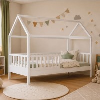 DREAM τ.Montessori Παιδικό Κρεβάτι με Στρώμα 90x190/19cm, Ξύλο Πεύκου Απόχρωση Άσπρο 197x97x132cm