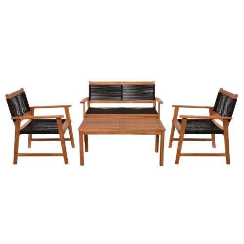 SPRING Set Σαλόνι Κήπου Ακακία Φυσικό, Wicker Μαύρο: Τραπέζι + Καναπέ 2Θέσιο + 2 Πολυθρόνες 100x50x45/120x68x84/67x65x84cm