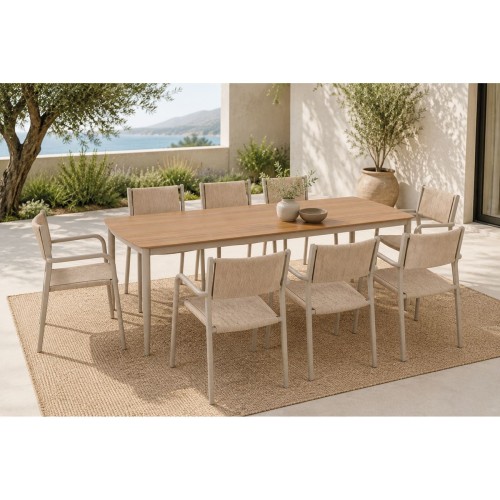 DENVER Set Τραπεζαρία Κήπου, Αλουμίνιο & Rope Wicker Μπεζ, Polywood-Τραπέζι+8 Πολυθρόνες T: 220x97x74, Chair: 56x58x82