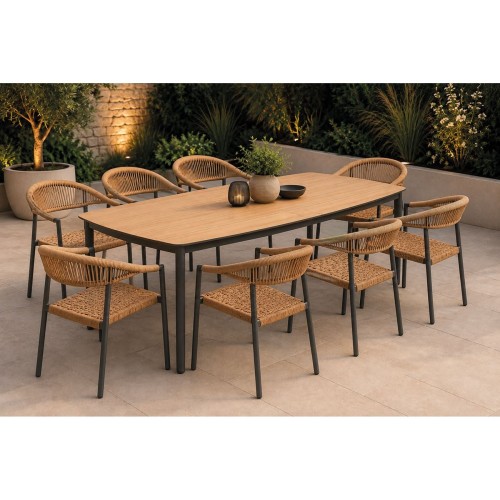 DENVER-MADISON Set Τραπεζαρία: 8 Πολυθρόνες + Τραπέζι, Alu Γκρι Polywood & Wicker Φυσικό Table:220x97x74 Chair:58x56x78