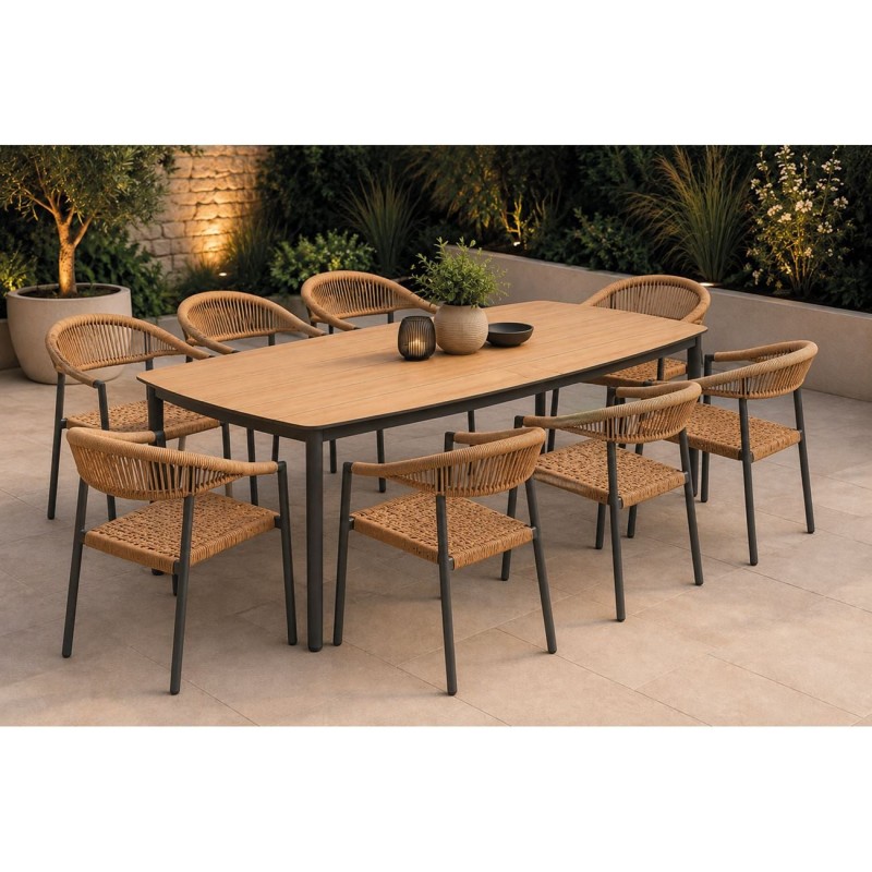 DENVER-MADISON Set Τραπεζαρία: 8 Πολυθρόνες + Τραπέζι, Alu Γκρι Polywood & Wicker Φυσικό Table:220x97x74 Chair:58x56x78