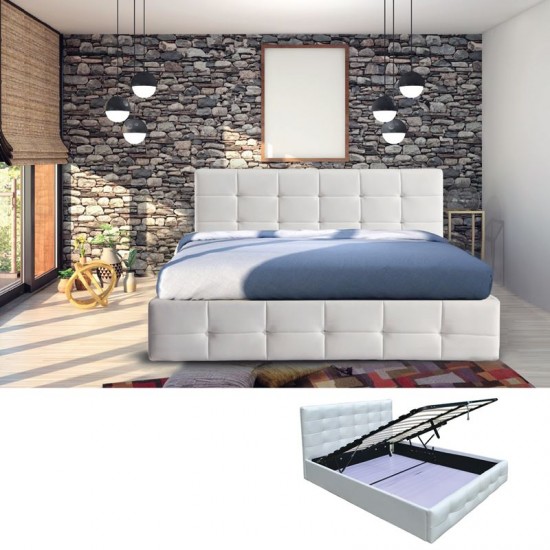 FIDEL Κρεβάτι Διπλό με Αποθηκευτικό Χώρο, για Στρώμα 160x200cm, PU Άσπρο  168x215x107cm