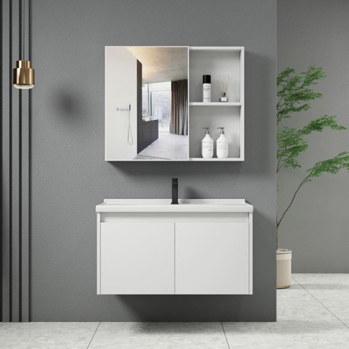 IDEA-1 Set Έπιπλο Μπάνιου Άσπρο, Καθρέπτης + Πάγκος με Νιπτήρα και Μπαταρία Up:55x11x60cm Down:60x47x45cm