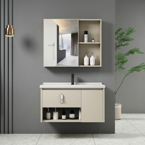 IDEA-2 Set Έπιπλο Μπάνιου Cream, Καθρέπτης + Πάγκος με Νιπτήρα και Μπαταρία Up:55x11x60cm Down:60x47x45cm