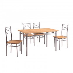 LORETO Set Τραπεζαρία Σαλονιού Κουζίνας: Τραπέζι + 4 Καρέκλες Μέταλλο Βαφή Silver, Φυσικό Τρ.120x70x74 / Καρ.40x40x90 cm
