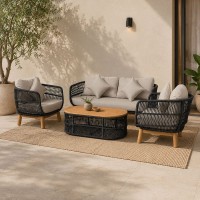 MARK Set Σαλόνι Κήπου 4 τεμαχίων Acacia Φυσικό, Rope Wicker Μαύρο, Μαξιλάρια Μπεζ 2 Πολυθρόνες+Καναπές+Τραπεζάκι