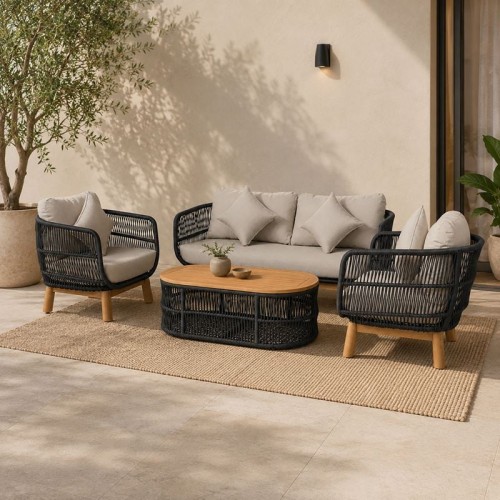 MARK Set Σαλόνι Κήπου 4 τεμαχίων Acacia Φυσικό, Rope Wicker Μαύρο, Μαξιλάρια Μπεζ 2 Πολυθρόνες+Καναπές+Τραπεζάκι