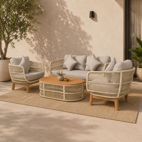 MARK Set Σαλόνι Κήπου 4τεμ, Acacia Φυσικό, Μαξιλάρια Μπεζ Rope Wicker Μπεζ 2 Πολυθρόνες+Καναπές+Τραπεζάκι