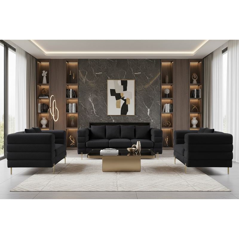 MORRIS Set Σαλόνι - Καθιστικό 3θέσιος + 2θέσιος + Πολυθρόνα Ύφασμα Teddy Μαύρο Set: 3Seater+2Seater+1Seater