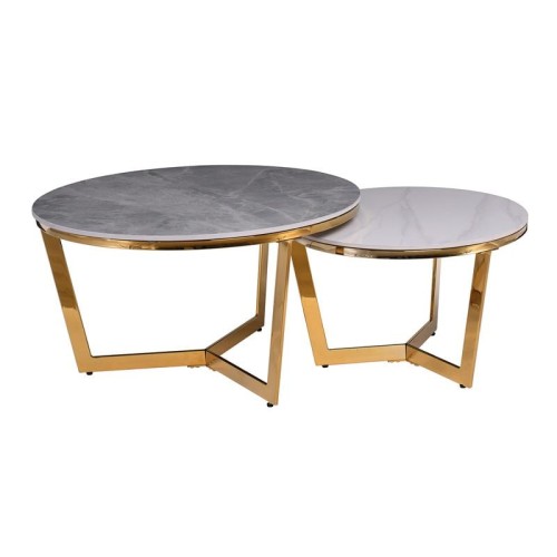 OTTO Set 2 Τραπεζάκια Σαλονιού , Χρώμιο Χρυσό, Sintered Stone Grey-White Marble Φ.80 H.45cm + Φ.60 H.38cm