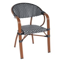 PARIS Πολυθρόνα Bistro Αλουμίνιο Καρυδί, Wicker Άσπρο - Μαύρο, Στοιβαζόμενη 57x59x84cm