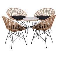 SALSA Coral Coffee Set Κήπου Μέταλλο Μαύρο - Γυαλί - Wicker Φυσικό: Τραπεζάκι+4 Πολυθρόνες TableΦ50x44 Armchair72x62x81cm