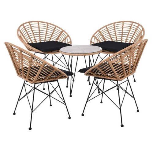 SALSA Coral Coffee Set Κήπου Μέταλλο Μαύρο - Γυαλί - Wicker Φυσικό: Τραπεζάκι+4 Πολυθρόνες TableΦ50x44 Armchair72x62x81cm