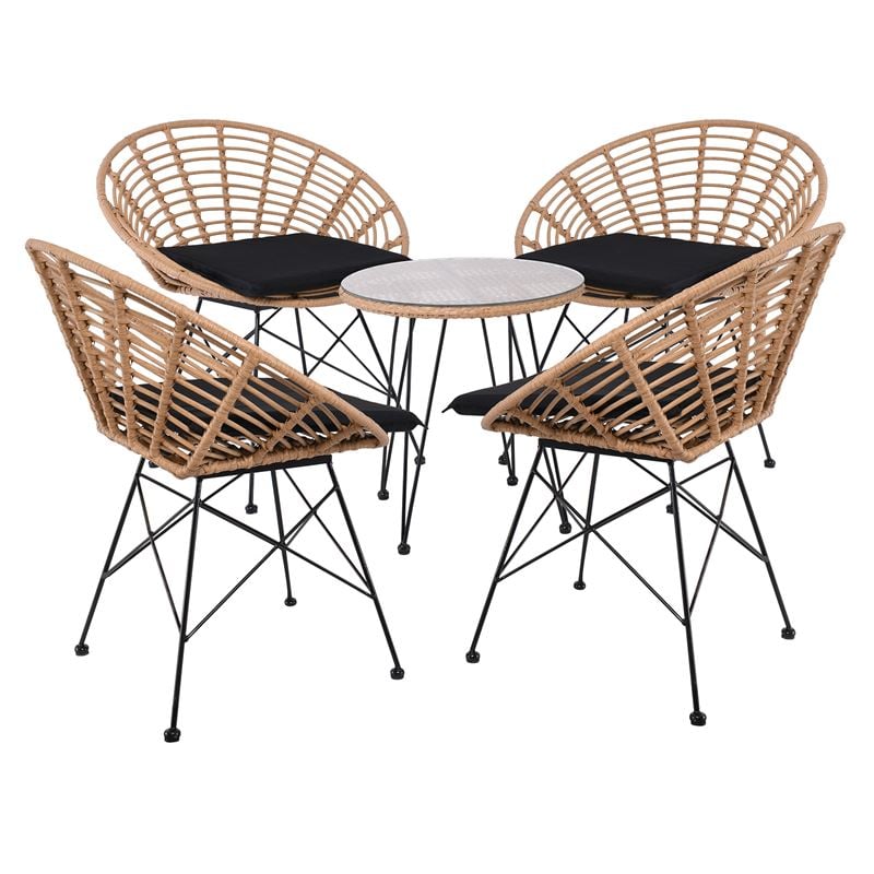 SALSA Coral Coffee Set Κήπου Μέταλλο Μαύρο - Γυαλί - Wicker Φυσικό: Τραπεζάκι+4 Πολυθρόνες TableΦ50x44 Armchair72x62x81cm