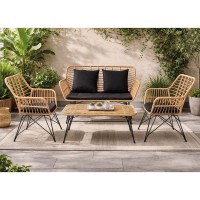 SALSA MAX Living Set Κήπου 4 τεμαχίων, Μέταλλο Βαφή Μαύρο, Wicker Φυσικό, Μαξιλάρια Μαύρο 106x55x45-147x70x105-65x67x96