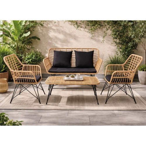 SALSA MAX Living Set Κήπου 4 τεμαχίων, Μέταλλο Βαφή Μαύρο, Wicker Φυσικό, Μαξιλάρια Μαύρο 106x55x45-147x70x105-65x67x96