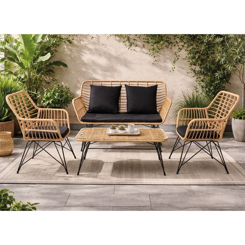 SALSA MAX Living Set Κήπου 4 τεμαχίων, Μέταλλο Βαφή Μαύρο, Wicker Φυσικό, Μαξιλάρια Μαύρο 106x55x45-147x70x105-65x67x96