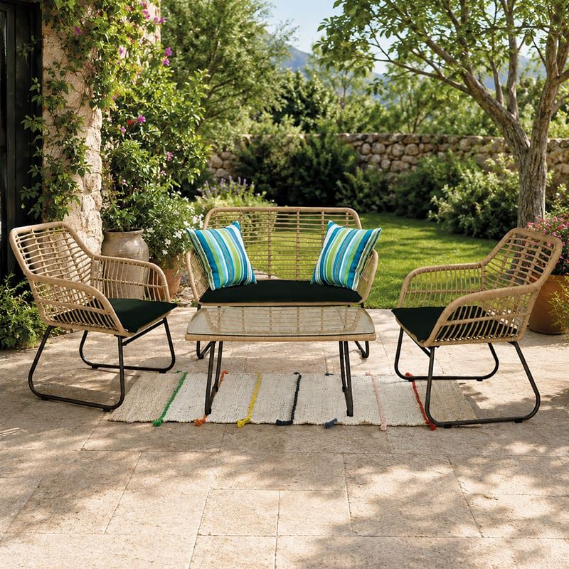SALSA Set Σαλόνι Κήπου Μέταλλο Μαύρο, Wicker Φυσικό: Τραπέζι + Καναπέ 2Θέσιο + 2 Πολυθρόνες 94x56x44-120x70x86-67x71x83cm
