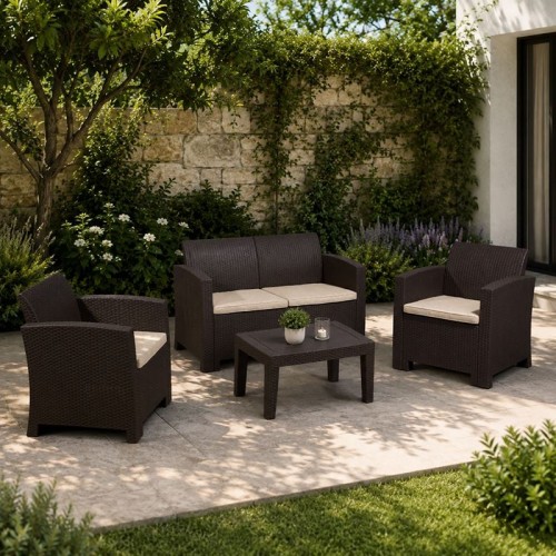 SAVANNA Set Σαλόνι Κήπου Βεράντας  K/D,  PP-UV Καφέ Μαξιλάρια Grey-White Table+Sofa 2Seater+2 Armchairs